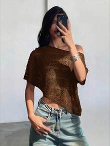 Aloruh 女款不對稱下擺透視度假上衣，肩部設計 - 咖啡棕 - 查看 3