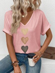 EMERY ROSE Women's Gradient Heart Print V-Neck Casual Short Sleeve T-Shirt, Versatile For Spring & Summer - Pink - View 6