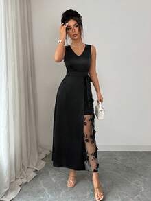 Vestido casual de fiesta para mujer con escote en V, parches de malla y bordado floral - Negro - Ver 6