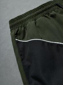 Manfinity ZONE917 Men's Contrast Color Patchwork Letter Print Drawstring Waist Shorts, Holiday - Army Green - View 3