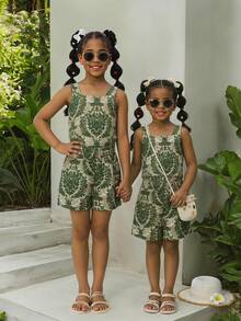 SHEIN 2pcs Young Girl Ditsy Floral Halter Top And Shorts Set - Green - View 2