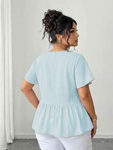 Elenzga Plus Size Bamboo Knot V-Neck Casual Solid Color Short Sleeve Blouse - Blue - View 2