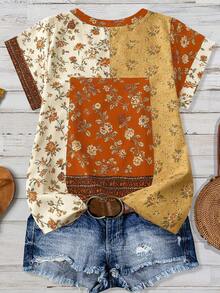 Linhara Blouse décontractée à manches courtes, col en V, imprimé patchwork coloré et rayures, grande taille, style vintage polyvalent pour les vacances, les sorties, le quotidien, collection printemps/été. - Multicolore - Voir 2