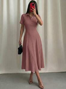 Modelyn Women's Solid Color Knit Mid-Length Dress Polo Lapel Partial Button Placket Crinkle Wrinkle Textured Fabric Vacation Resort Casual Wear Summer Dresses - Dusty Pink - View 7