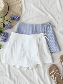 SHEIN Setelan 2pcs/Set Celana Pendek Linen Bergaris Pita & Putih dengan Tali Serut untuk Remaja Perempuan, Rok Celana Kasual Liburan Musim Panas 2 in 1 untuk Pantai, Liburan & Jalan-jalan - Blue and White - View 3