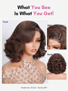 ALL READY WIG Tóc giả bob ngắn 4x4 không cần keo, kiểu sóng lơi, bồng bềnh, có khóa ren, làm từ tóc thật, dài 10-12 inch, mật độ 180%, dành cho nữ, phong cách quý bà quyền lực, rẽ ngôi chữ C, màu nâu sô cô la, số 4. Tóc giả đã được tỉa sẵn đường chân tóc. - S4 - Xem 4