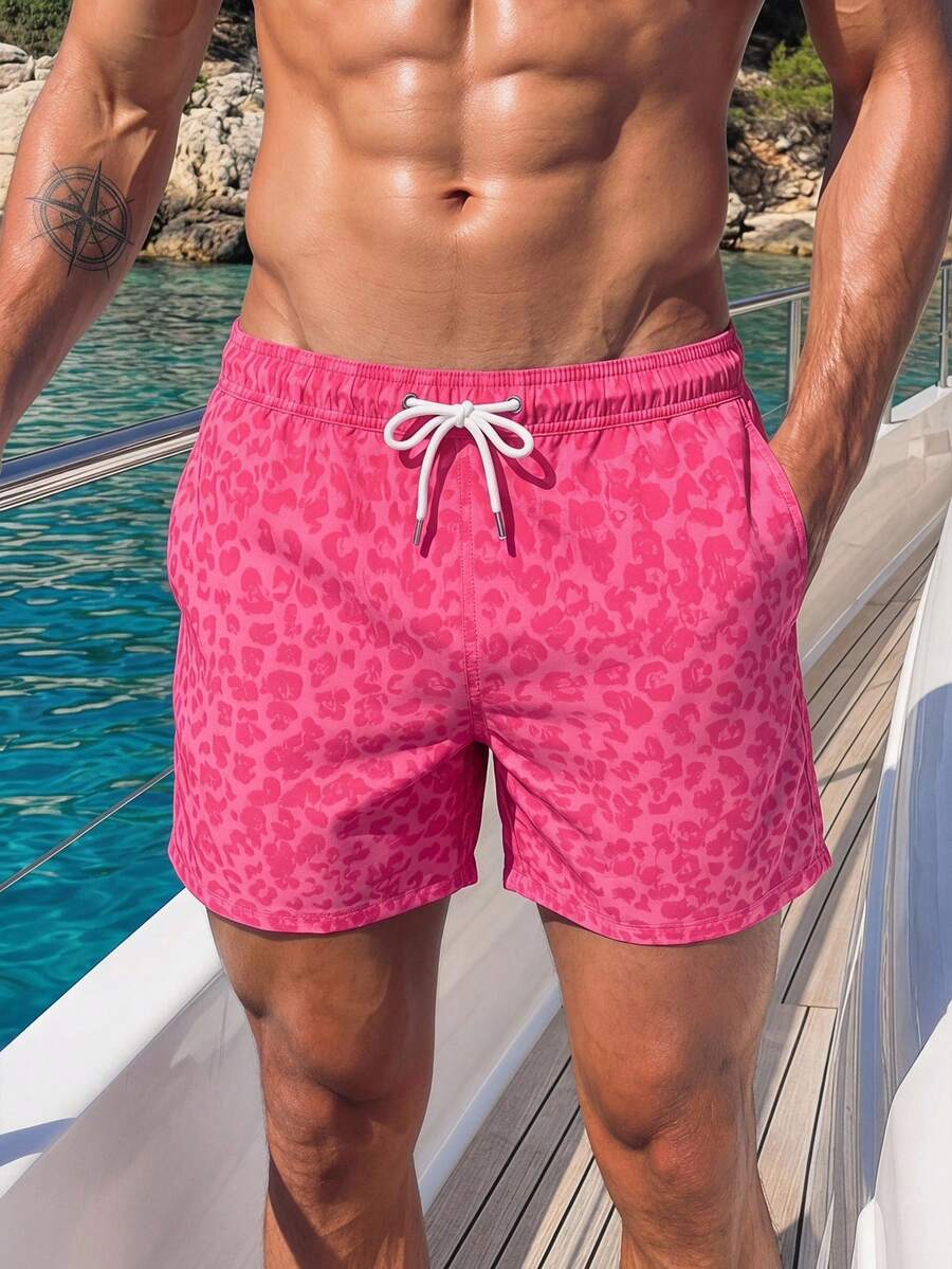 Manfinity Swimmode Pantalones cortos de playa casuales con estampado de leopardo para hombres - Rosa - Ver 1