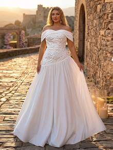 Glamrae Đầm cưới trễ vai sang trọng, thanh lịch, cỡ lớn, đính ren thêu tinh tế, phù hợp cho đám cưới, tiệc tùng, kỳ nghỉ, dạ hội và tuần trăng mật. - trắng - Xem 7