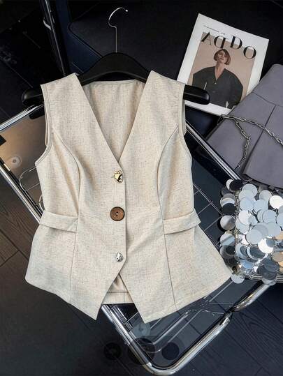 GlowEve CURVE Summer Fashionable Casual Vacation French Retro Elegant Commuting V-Neck Waist Asymmetrical Metal Buckle Blazer