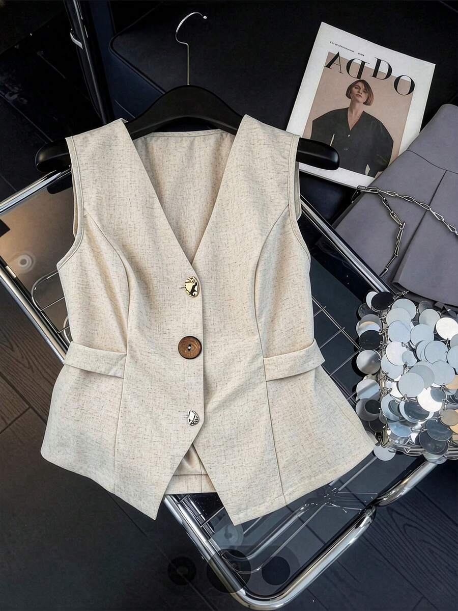 GlowEve CURVE Áo blazer mùa hè thời trang, phong cách thường ngày, cổ điển Pháp, thanh lịch, cổ chữ V, eo bất đối xứng, khóa kim loại, thích hợp cho kỳ nghỉ. - Màu be - Xem 1