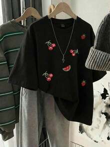 SHEIN EZwear 女士休闲宽松圆领短袖T恤，樱桃印花，女士夏季服装 - 黑色 - 查看 3