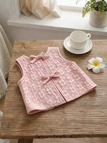 Cozy Pixies Baby Girl Sleeveless Solid Color Round Neck Vest With Bow Decor - Baby Pink - View 9