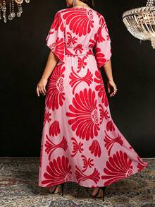 Clasi Vestido de mujer talla grande con cuello en V, mangas acampanadas con lazo y abertura - Rosa Fucsia - Ver 2