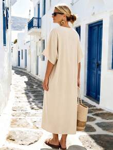 EMERY ROSE Plus Size Women's V-Neck Short Sleeve Decorative Button Loose Casual Dress,Beige,Summer,Tea Party,Vacation,Holiday,Khaki Fashion Elegant Beach Resort - Khaki - View 2