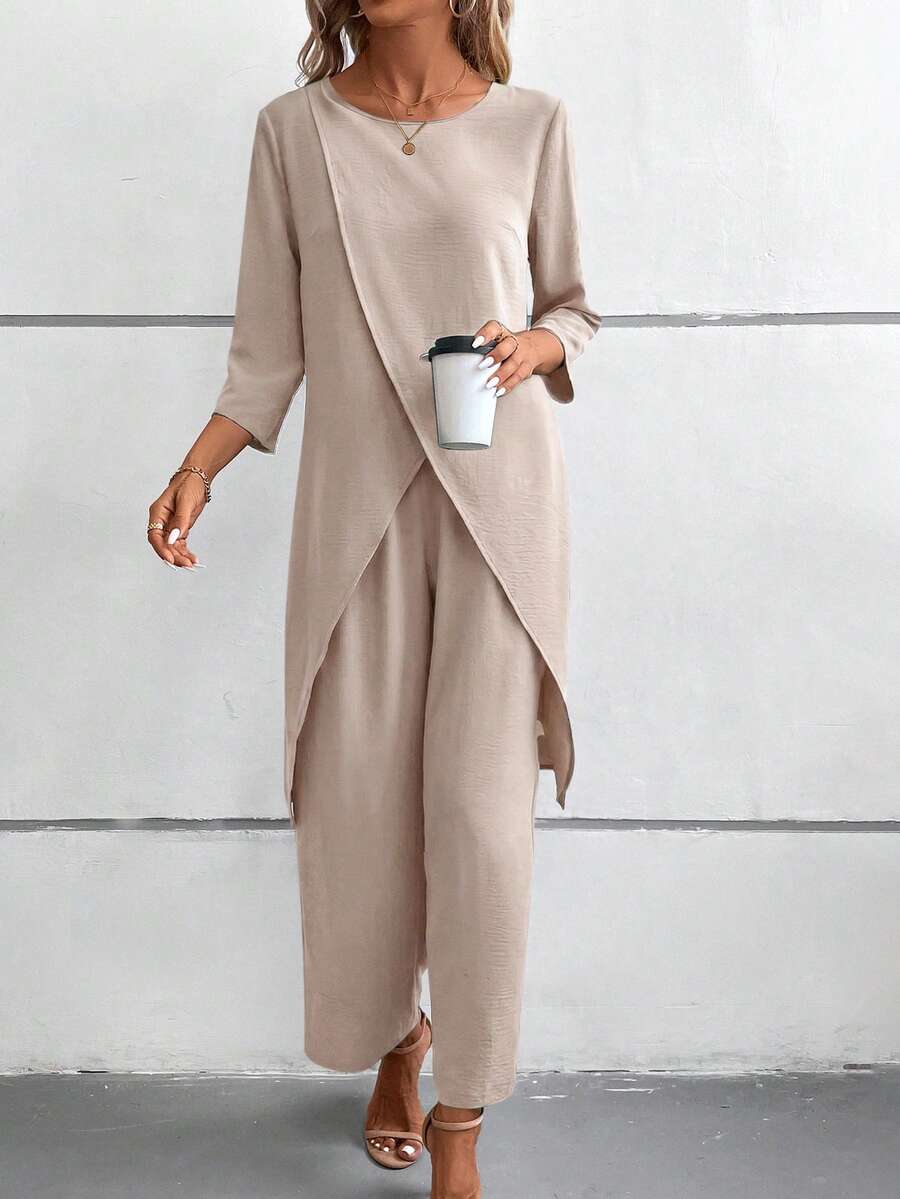 EMERY ROSE Women's Summer Solid Color 3/4 Sleeve Slit Shirt And Relaxed Waist Long Pants 2 Pieces Set - Khaki - View 1