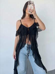 Firerie Áo hai dây maxi cổ chữ V xếp ly xuyên thấu gợi cảm kiểu Bohemian dành cho nữ, thích hợp cho lễ hội âm nhạc, kỳ nghỉ biển. - màu đen - Xem 5
