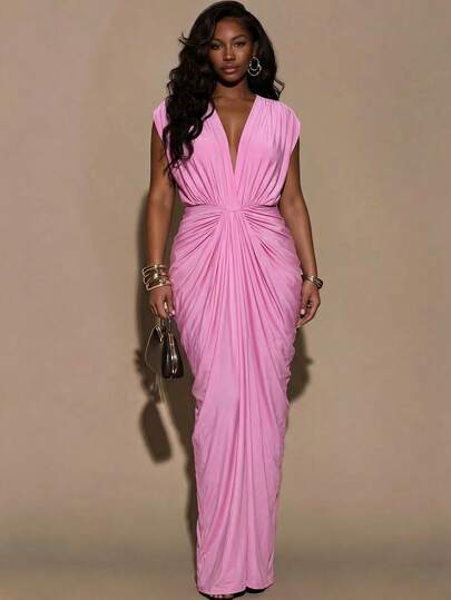 SHEIN BAE Plus Size Fashionable Elegant Soft Pink Deep V Neck Ruched Bodycon Dress, Elegant Party Evening Maxi Gown For Women,Perfect For Banquets,Curvy Girl Elegant Ruched Draped Maxi Dress ,Deep V Batwing Sleeve Backless Halter Evening Dress For Wedding Guest,Pink Dress