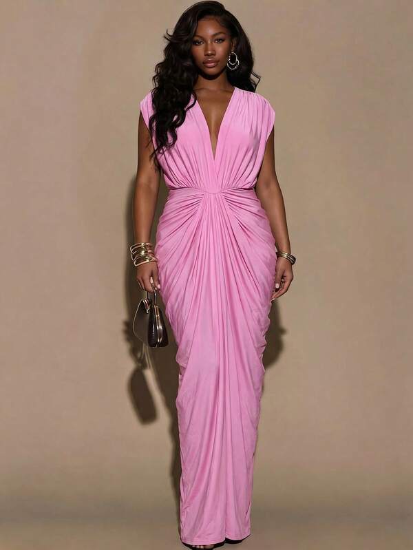 SHEIN BAE Plus Size Fashionable Elegant Soft Pink Deep V Neck Ruched Bodycon Dress, Elegant Party Evening Maxi Gown For Women,Perfect For Banquets,Curvy Girl Elegant Ruched Draped Maxi Dress ,Deep V Batwing Sleeve Backless Halter Evening Dress For Wedding Guest,Pink Dress