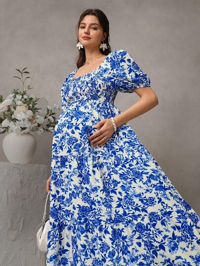 SHEIN Maternity Floral Print Square Neck Ruffle Hem Short Sleeve Dress