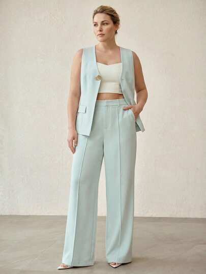 MOTF PREMIUM PLUS SIZE WOMEN METAL BUTTON DECOR SLEEVELESS VEST AND WIDE LEG PANTS 2 PIECES SET