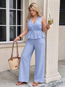 Easura 2 piezas Conjunto casual de vacaciones para mujer, top sin mangas a rayas con cintura anudada y pantalones, conjunto de 2 piezas de verano para mujer, ropa casual de vacaciones para mujer - Azul y blanco - Ver 1