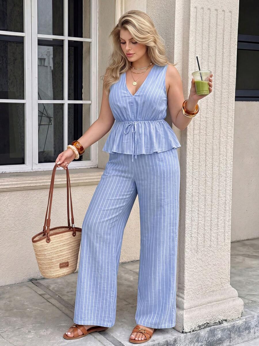 Easura 2 piezas Conjunto casual de vacaciones para mujer, top sin mangas a rayas con cintura anudada y pantalones, conjunto de 2 piezas de verano para mujer, ropa casual de vacaciones para mujer - Azul y blanco - Ver 1