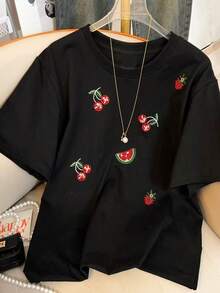 SHEIN EZwear 女士休闲宽松圆领短袖T恤，樱桃印花，女士夏季服装 - 黑色 - 查看 2