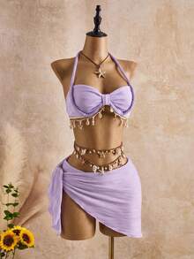 Bellisia Women's New Arrival Spring/Summer/Autumn Fashionable Beige Wave Pattern Seashell & Star Decor Spaghetti Strap Tankini Swimwear Set - Purple - View 3