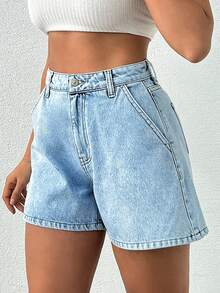 SHEIN Cottnline شورت جينز أزرق فاتح بخصر عالي وتصميم عادي، أسلوب كاجوال - أزرق فاتح - مشاهدة 4