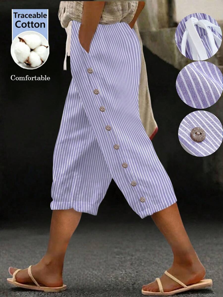 SHEIN LUNE CURVE Plus Size Women's Spring/Summer Linen Striped Casual Comfortable Basic Striped Pants, Daily/Vacation/Beach Pants With Button Decor Capri Pants - Mauve Purple - View 1