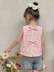 Cozy Pixies Baby Girl Sleeveless Solid Color Round Neck Vest With Bow Decor - Baby Pink - View 7