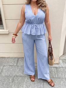 Easura 2 piezas Conjunto casual de vacaciones para mujer, top sin mangas a rayas con cintura anudada y pantalones, conjunto de 2 piezas de verano para mujer, ropa casual de vacaciones para mujer - Azul y blanco - Ver 4