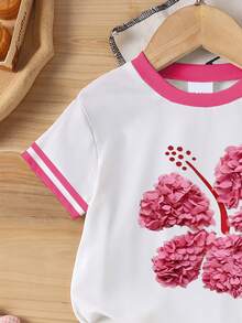 两件套女童甜美可爱粉色芙蓉刺绣袖条纹印花短袖T恤和印花短裤柔软套装，适合夏季度假和户外活动 - 彩色 - 查看 6