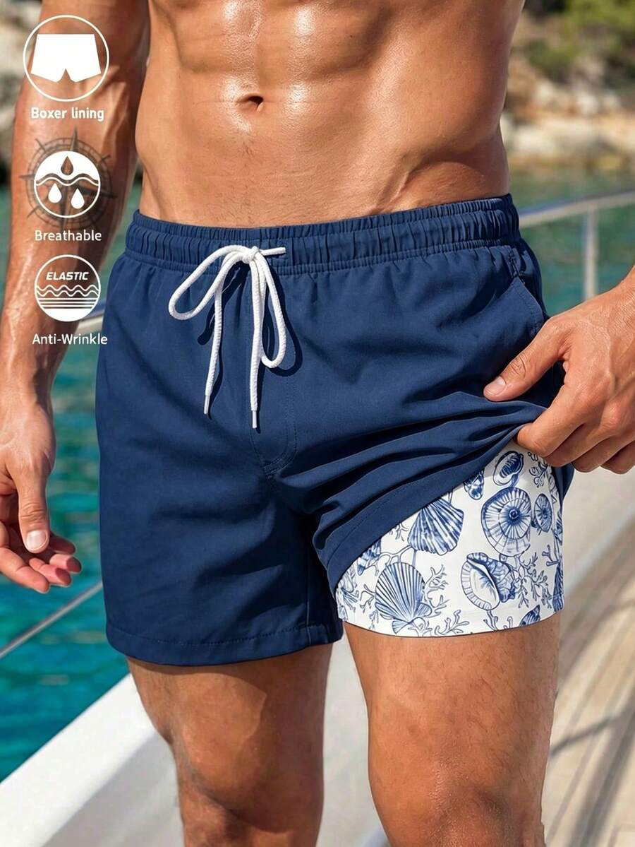 Solantero Short de plage à taille coulissante à double couche avec imprimé coquillage pour hommes - Bleu marine - Voir 1