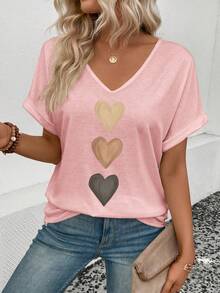 EMERY ROSE Women's Gradient Heart Print V-Neck Casual Short Sleeve T-Shirt, Versatile For Spring & Summer - Pink - View 5