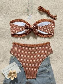 Swim Mod Bộ 2 món dành cho bé gái tuổi teen, gồm áo tankini kẻ caro nhún bèo và quần bơi cạp cao. - Cà phê nâu - Xem 2