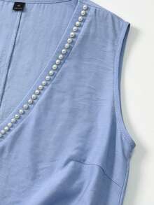 EMERY ROSE Plus Size Woven Casual Elegant V-Neck Beach Vacation-Style Summer Women's Shirt Light Blue - Blue - View 5