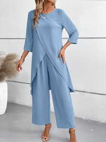 EMERY ROSE Bộ 2 món: Áo tay lửng và quần cạp chun. - Xanh và trắng - Xem 4