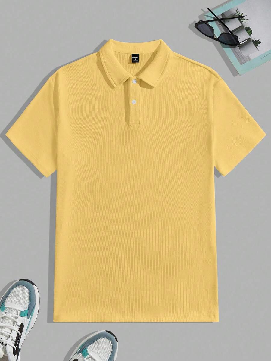 SWAVVY Men's Solid Color Button Polo Shirt, Short Sleeve Knit, Summer - Mustard Yellow - View 1