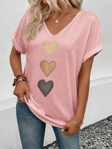 EMERY ROSE Women's Gradient Heart Print V-Neck Casual Short Sleeve T-Shirt, Versatile For Spring & Summer - Pink - View 3