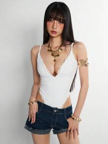 INAWLY Women's Lace Patchwork High Waist Sexy Backless Deep V-Neck Adjustable Strap Camisole Lace Trim Bodysuit - White - View 5