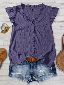 SHEIN LUNE CURVE Plus Size Women's Solid Color Textured V-Neck Ruffle Trim Petal Sleeve Fitted Casual Regular Blouse - Purple - View 5