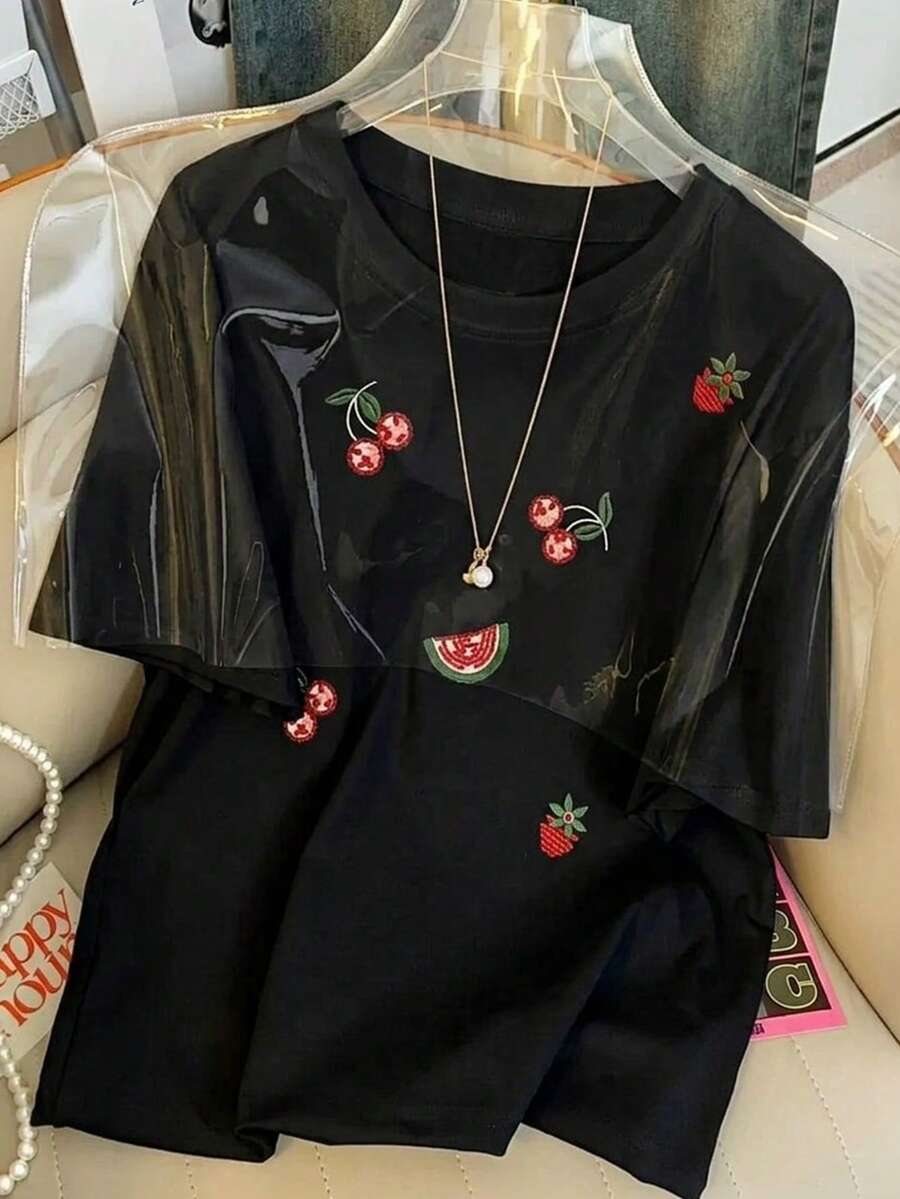 SHEIN EZwear 女士休闲宽松圆领短袖T恤,樱桃印花,女士夏季服装 - 黑色 - 查看 1
