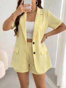 EMERY ROSE Plus Size Summer Commuter Elegant Notched Collar Short Sleeve Dopamine Yellow Blazer Jacket And Shorts Set Formal Office - Yellow - View 1
