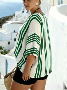 EMERY ROSE Plus Size V-Neck Batwing White Vacation Chiffon Cover Up Beach Summer - Green - View 7