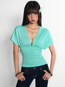 Rina Fox 女款薄荷藍深V領露背短袖修身上衣 - 薄荷藍 - 查看 5