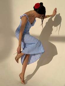 Vestido midi casual de mujer, minimalista y de moda para uso diario - Azul y blanco - Ver 4