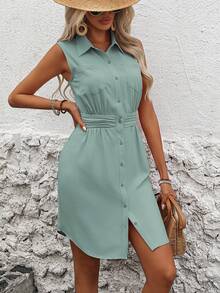 Wandoria Patched Pocket Button Front Sleeveless Solid Shirt Dress Vacation Beach Outfits Women - Mint Green - View 5