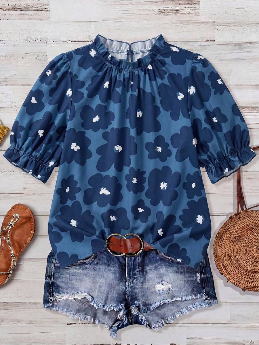 Linhara Plus Size Women's Round Neck Ruffle Puff Sleeve Floral Print Loose Retro Boho Casual Blouse Top, Versatile Summer New Arrival Vacation Navy Blue - Blue - View 1