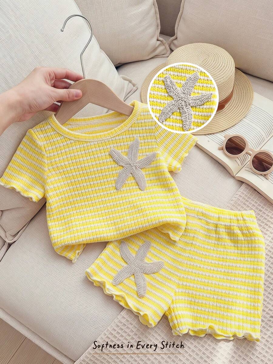 Cozy Pixies 女婴/幼儿海星印花黄白条纹圆领短袖上衣和松紧腰短裤两件套 - 彩色 - 查看 1